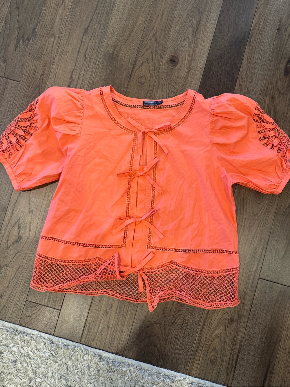 Vineyard Vines Coral Orange Crochet-Trim Puff Sleeve Blouse